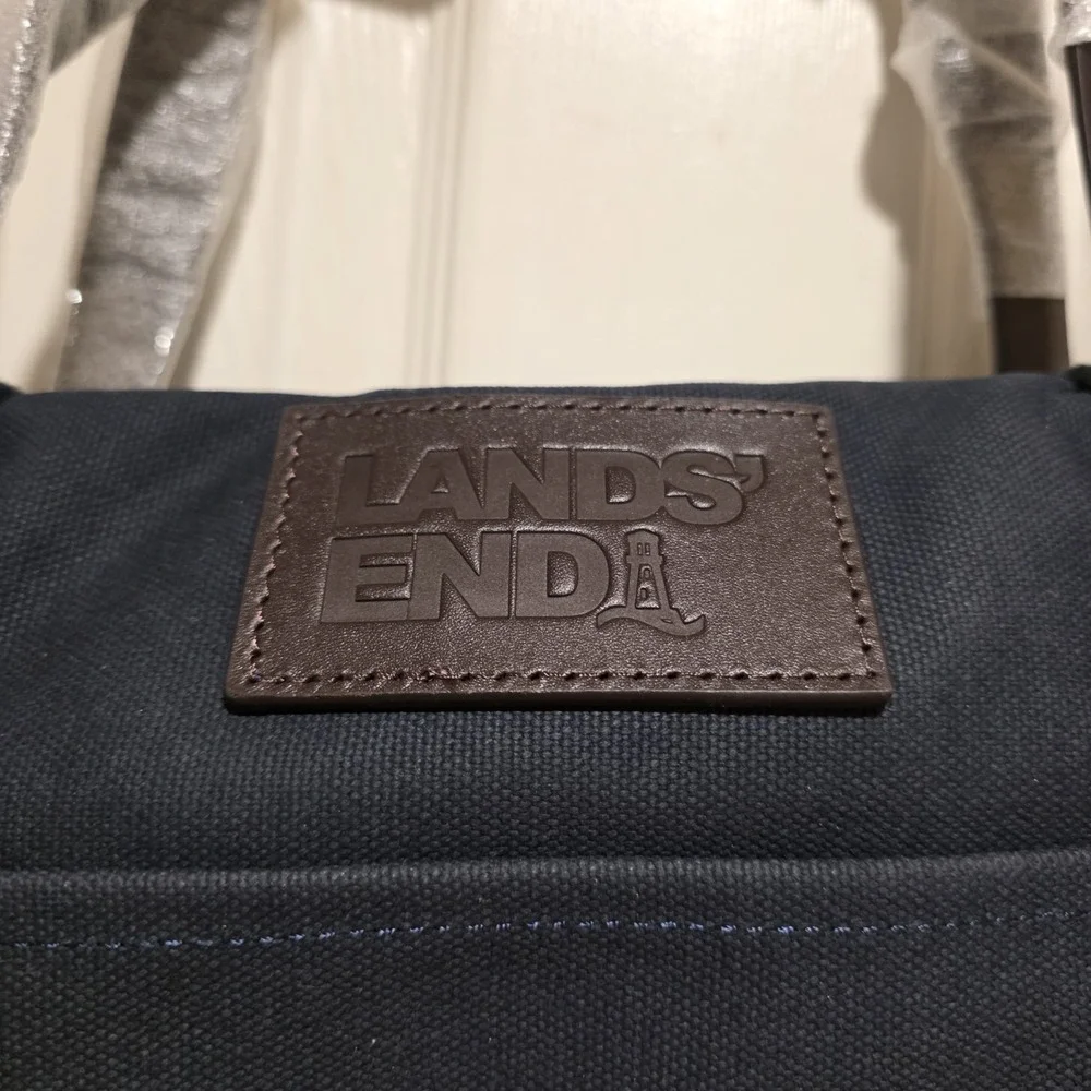 Lands End Navy Blue Canvas & Brown Leather Weekender Duffle Bag Tote NEW